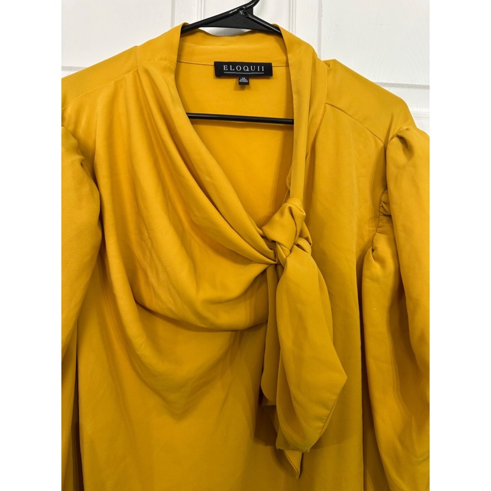 Eloquii Size 28 Yellow Chiffon Tie Neck Drape Cowl Puffed Sleeve Blouse - Picture 3 of 6
